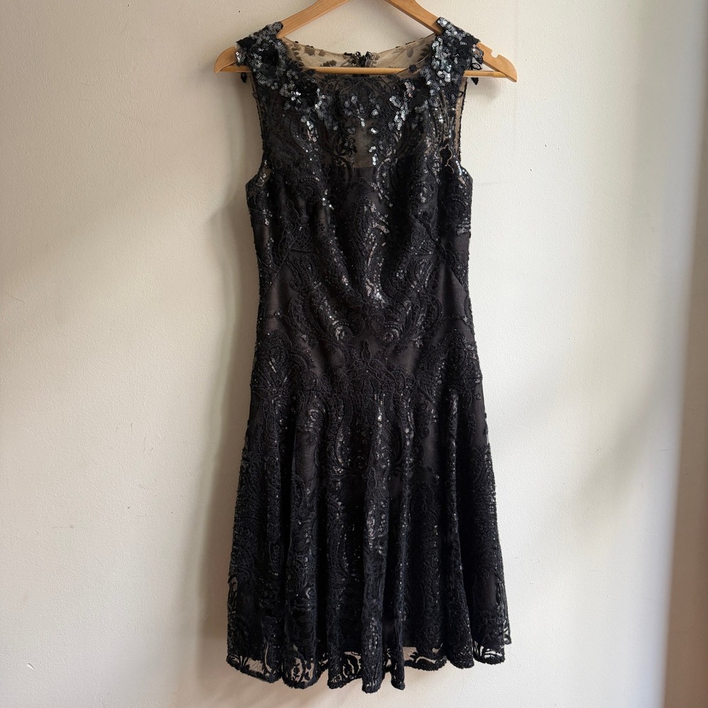 $795 Marchesa Notte Lockhart Dress Sequin Lace Cocktail Black 4